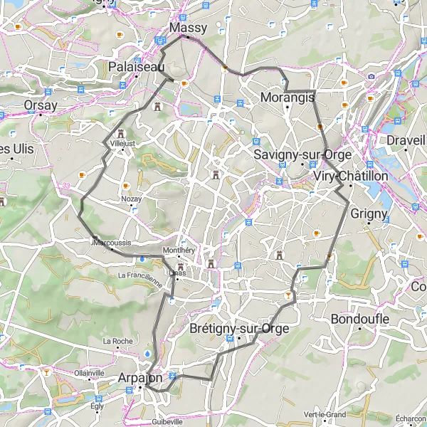 Miniature de la carte de l'inspiration cycliste "La Boucle Marcoussis-Massy" dans la Ile-de-France, France. Générée par le planificateur d'itinéraire cycliste Tarmacs.app