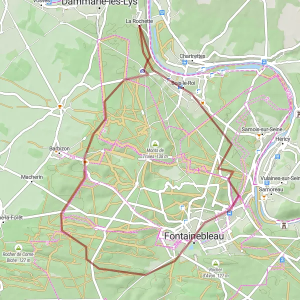 Map miniature of "Fontainebleau Gravel Adventure" cycling inspiration in Ile-de-France, France. Generated by Tarmacs.app cycling route planner
