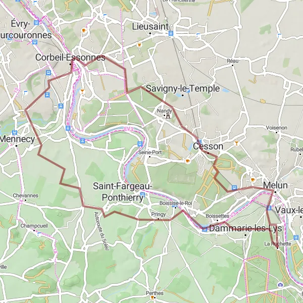 Miniature de la carte de l'inspiration cycliste "Parcours Gravel autour de Cesson" dans la Ile-de-France, France. Générée par le planificateur d'itinéraire cycliste Tarmacs.app