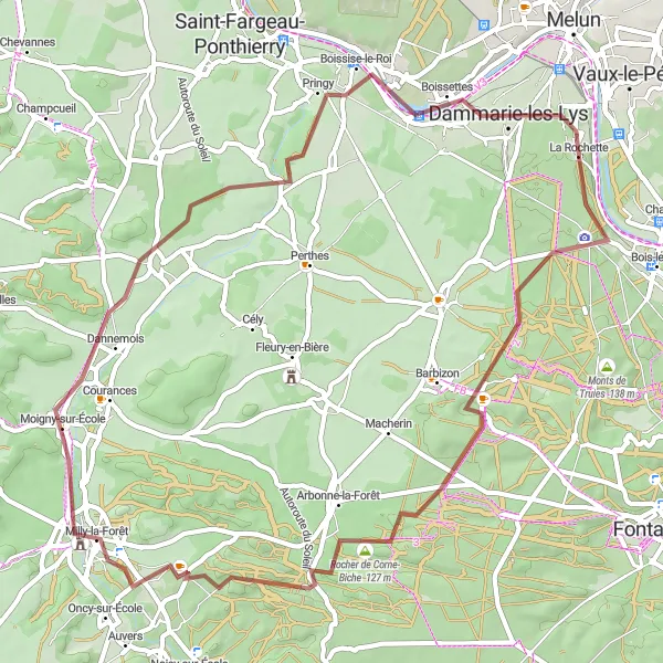 Miniature de la carte de l'inspiration cycliste "Itinéraire VTT à La Rochette" dans la Ile-de-France, France. Générée par le planificateur d'itinéraire cycliste Tarmacs.app