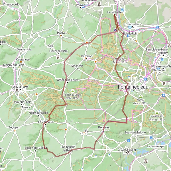 Miniature de la carte de l'inspiration cycliste "Parcours VTT autour de La Rochette" dans la Ile-de-France, France. Générée par le planificateur d'itinéraire cycliste Tarmacs.app