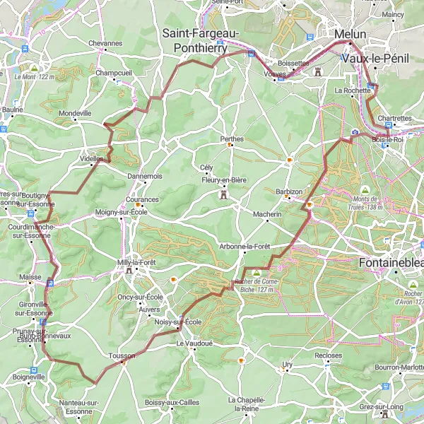 Miniature de la carte de l'inspiration cycliste "Randonnée VTT autour de La Rochette" dans la Ile-de-France, France. Générée par le planificateur d'itinéraire cycliste Tarmacs.app