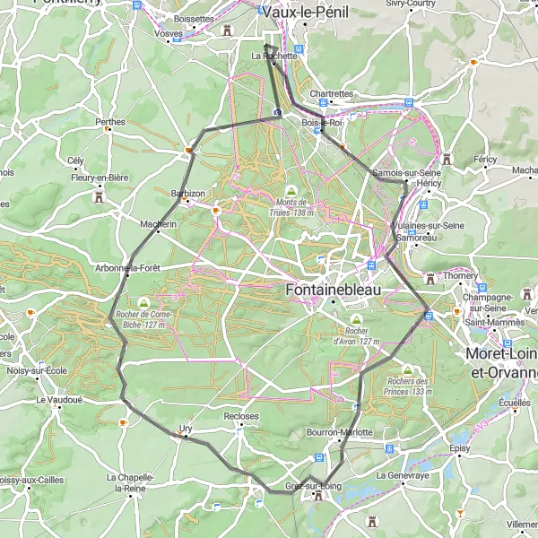 Map miniature of "The Hilly Loop: Samois-sur-Seine to Barbizon" cycling inspiration in Ile-de-France, France. Generated by Tarmacs.app cycling route planner