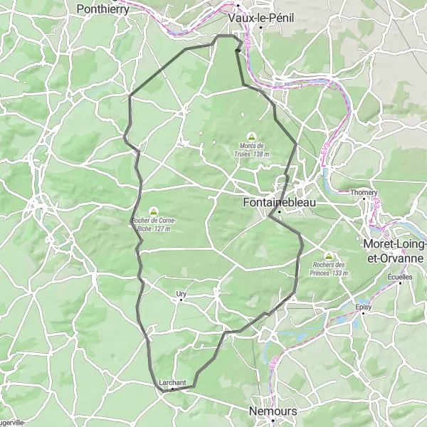 Miniature de la carte de l'inspiration cycliste "Exploration de la Forêt de Fontainebleau" dans la Ile-de-France, France. Générée par le planificateur d'itinéraire cycliste Tarmacs.app