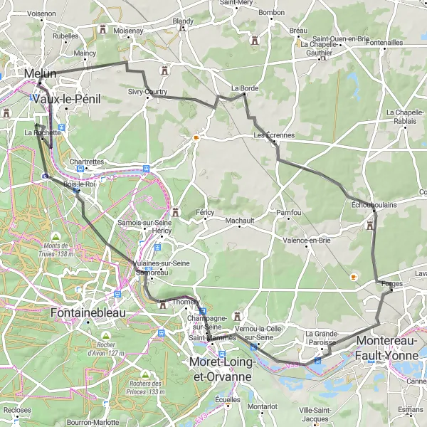 Map miniature of "Exploring Melun and Tour Denecourt" cycling inspiration in Ile-de-France, France. Generated by Tarmacs.app cycling route planner