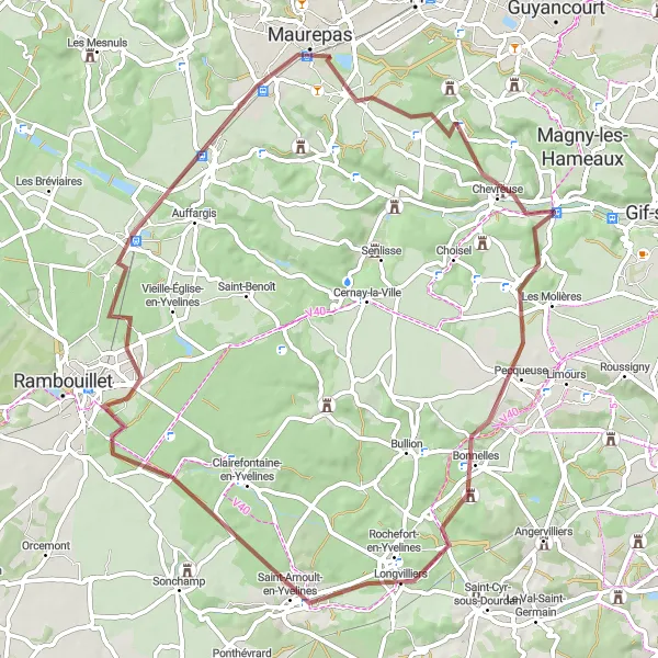 Map miniature of "La Verrière Gravel Loop" cycling inspiration in Ile-de-France, France. Generated by Tarmacs.app cycling route planner