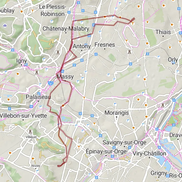 Miniature de la carte de l'inspiration cycliste "Boucle des Cascades" dans la Ile-de-France, France. Générée par le planificateur d'itinéraire cycliste Tarmacs.app