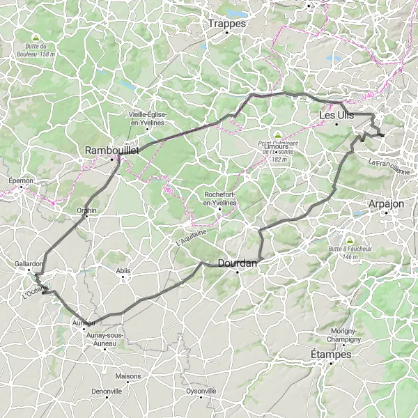 Miniature de la carte de l'inspiration cycliste "Les Collines de l'Eure-et-Loir" dans la Ile-de-France, France. Générée par le planificateur d'itinéraire cycliste Tarmacs.app