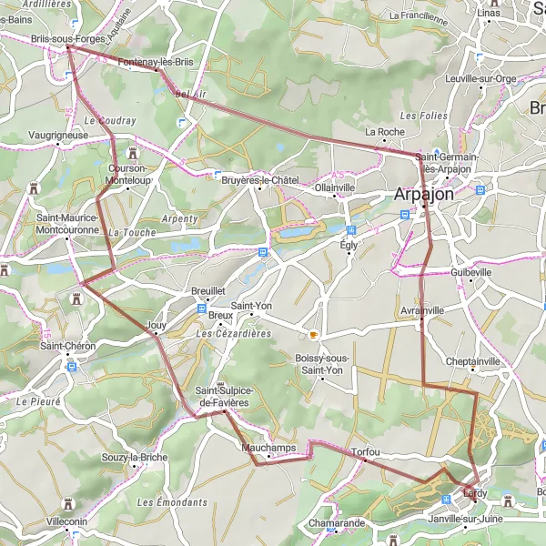 Map miniature of "Lardy and Surroundings" cycling inspiration in Ile-de-France, France. Generated by Tarmacs.app cycling route planner