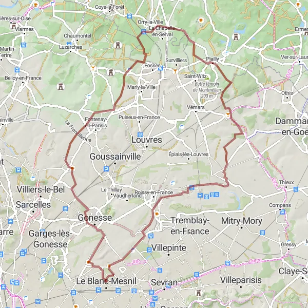 Miniature de la carte de l'inspiration cycliste "Exploration Gravel autour de Paris" dans la Ile-de-France, France. Générée par le planificateur d'itinéraire cycliste Tarmacs.app