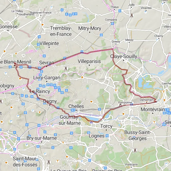 Miniature de la carte de l'inspiration cycliste "Aventure Gravel en Seine-et-Marne" dans la Ile-de-France, France. Générée par le planificateur d'itinéraire cycliste Tarmacs.app