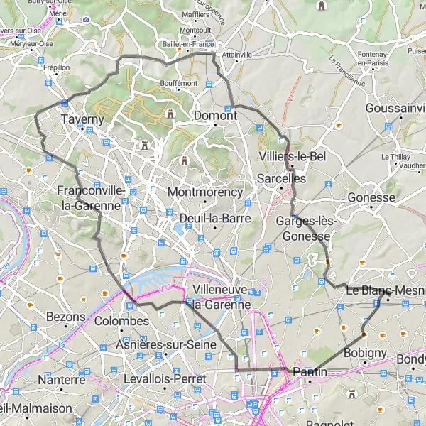 Miniature de la carte de l'inspiration cycliste "Parcours Route à travers les Banlieues" dans la Ile-de-France, France. Générée par le planificateur d'itinéraire cycliste Tarmacs.app