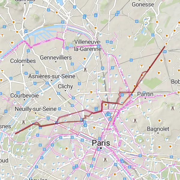 Map miniature of "Gravel Adventure: Le Bourget to Montmartre" cycling inspiration in Ile-de-France, France. Generated by Tarmacs.app cycling route planner