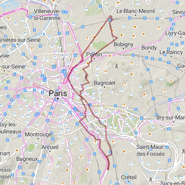 Miniature de la carte de l'inspiration cycliste "Les Trésors de l'Est parisien" dans la Ile-de-France, France. Générée par le planificateur d'itinéraire cycliste Tarmacs.app