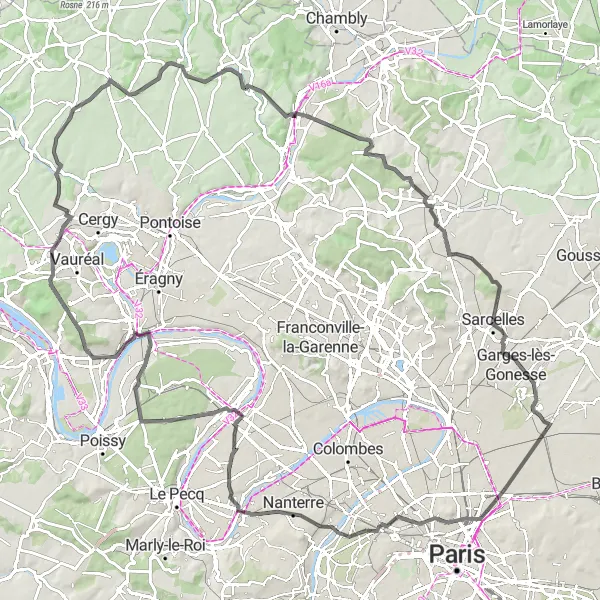 Miniature de la carte de l'inspiration cycliste "Parcours vallonné de 117 km" dans la Ile-de-France, France. Générée par le planificateur d'itinéraire cycliste Tarmacs.app