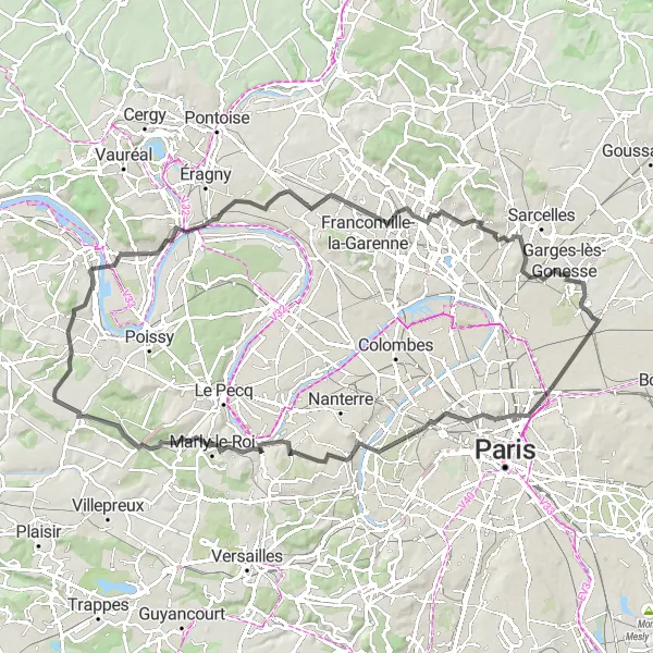 Map miniature of "Paris to Bougival Hill Challenge" cycling inspiration in Ile-de-France, France. Generated by Tarmacs.app cycling route planner