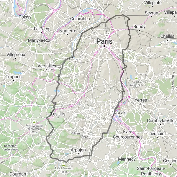 Miniature de la carte de l'inspiration cycliste "Parcours routier autour de Le Bourget" dans la Ile-de-France, France. Générée par le planificateur d'itinéraire cycliste Tarmacs.app