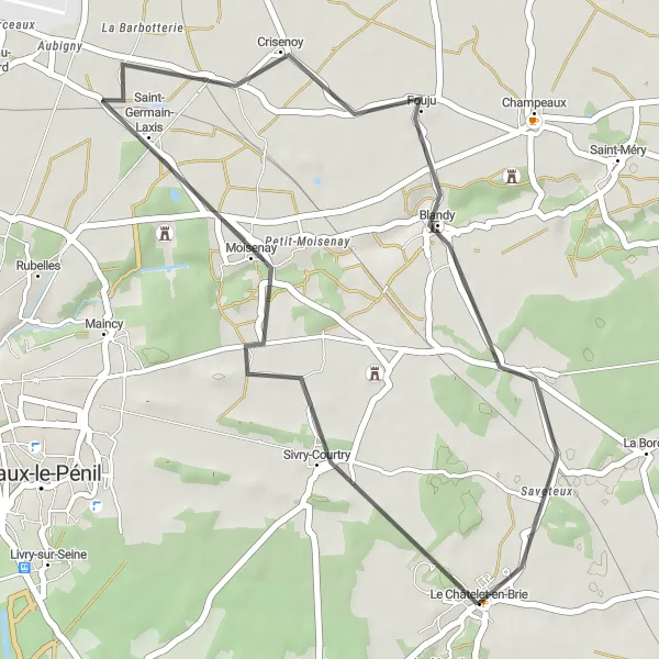 Map miniature of "Le Châtelet-en-Brie Loop" cycling inspiration in Ile-de-France, France. Generated by Tarmacs.app cycling route planner