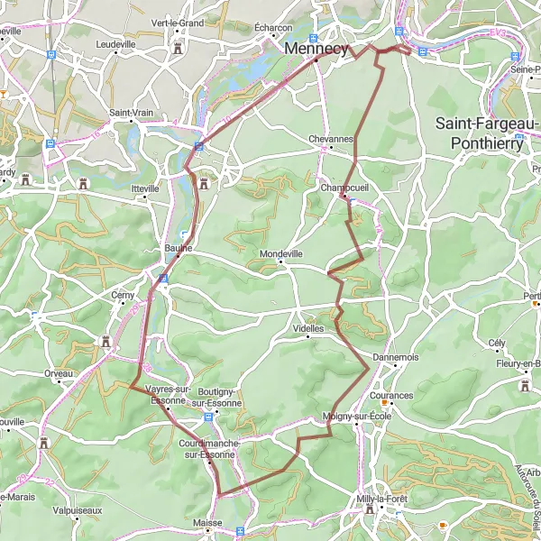 Map miniature of "19th-century mills and the charming countryside of Essonne" cycling inspiration in Ile-de-France, France. Generated by Tarmacs.app cycling route planner