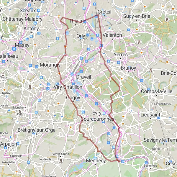 Map miniature of "Secrets of the Southern Suburbs" cycling inspiration in Ile-de-France, France. Generated by Tarmacs.app cycling route planner