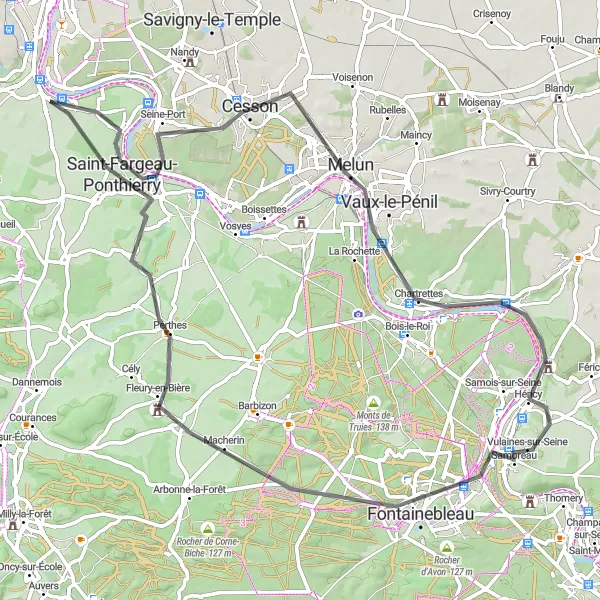 Map miniature of "Majestic Château de Fontainebleau and the Seine River" cycling inspiration in Ile-de-France, France. Generated by Tarmacs.app cycling route planner