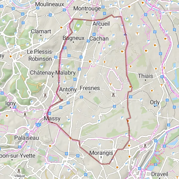 Miniature de la carte de l'inspiration cycliste "Boucle Gravel de Villejuif" dans la Ile-de-France, France. Générée par le planificateur d'itinéraire cycliste Tarmacs.app