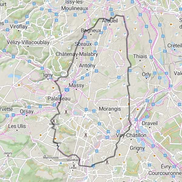 Map miniature of "Exploring the Valleys of Orge and Seine" cycling inspiration in Ile-de-France, France. Generated by Tarmacs.app cycling route planner