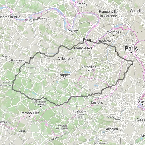 Map miniature of "Challenging Tour of Hauts-de-Seine and Yvelines" cycling inspiration in Ile-de-France, France. Generated by Tarmacs.app cycling route planner