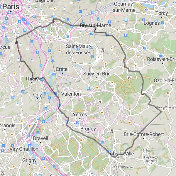 Map miniature of "Exploring the Eastern Suburbs and Villejuif" cycling inspiration in Ile-de-France, France. Generated by Tarmacs.app cycling route planner
