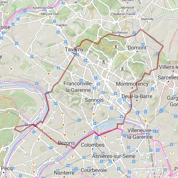 Miniature de la carte de l'inspiration cycliste "Circuit gravel Montigny-lès-Cormeilles - Mesnil-le-Roi - Sartrouville" dans la Ile-de-France, France. Générée par le planificateur d'itinéraire cycliste Tarmacs.app