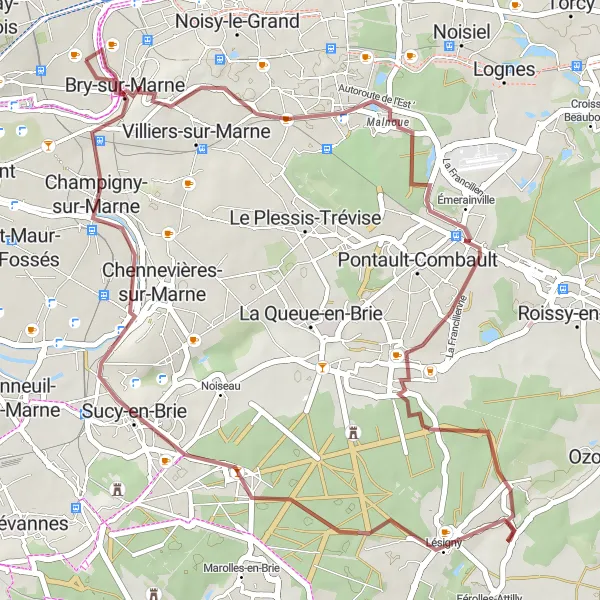 Map miniature of "Le Perreux-sur-Marne to Bry-sur-Marne Gravel Route" cycling inspiration in Ile-de-France, France. Generated by Tarmacs.app cycling route planner
