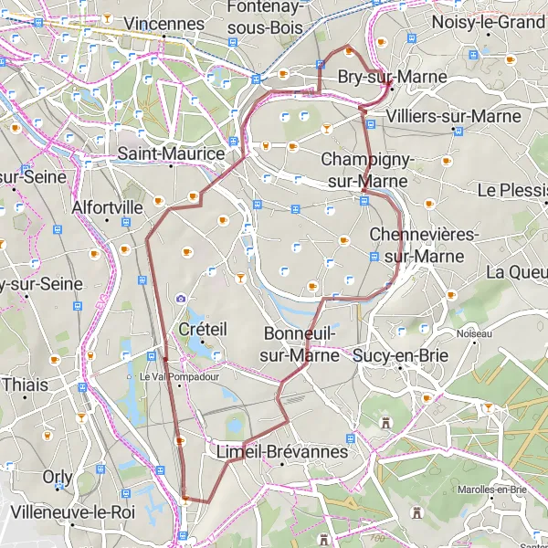 Map miniature of "Champigny-sur-Marne to Villeneuve-Saint-Georges Gravel Route" cycling inspiration in Ile-de-France, France. Generated by Tarmacs.app cycling route planner
