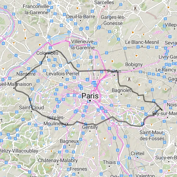 Map miniature of "Cycling through Charenton-le-Pont to Colombes" cycling inspiration in Ile-de-France, France. Generated by Tarmacs.app cycling route planner