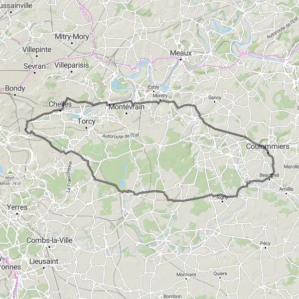 Miniature de la carte de l'inspiration cycliste "Les Collines de la Marne" dans la Ile-de-France, France. Générée par le planificateur d'itinéraire cycliste Tarmacs.app