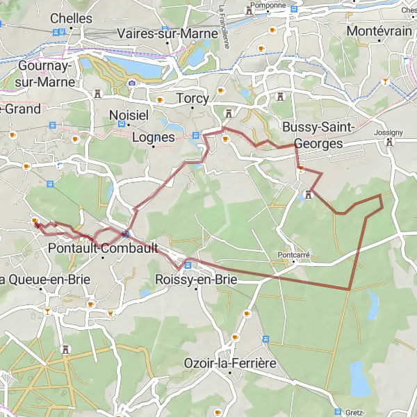 Miniature de la carte de l'inspiration cycliste "Boucle gravier de 37 km de Le Plessis-Trévise à Pontault-Combault" dans la Ile-de-France, France. Générée par le planificateur d'itinéraire cycliste Tarmacs.app