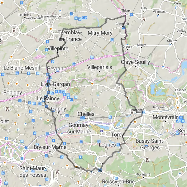 Map miniature of "Scenic Loop through Noisy-le-Grand, Villepinte, Compans, Torcy, and Pontault-Combault" cycling inspiration in Ile-de-France, France. Generated by Tarmacs.app cycling route planner