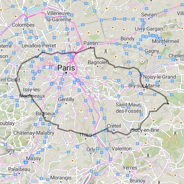 Miniature de la carte de l'inspiration cycliste "Itinéraire panoramique de 70 km autour de Villiers-sur-Marne" dans la Ile-de-France, France. Générée par le planificateur d'itinéraire cycliste Tarmacs.app