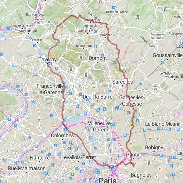 Map miniature of "The Val d'Oise Gravel Adventure" cycling inspiration in Ile-de-France, France. Generated by Tarmacs.app cycling route planner
