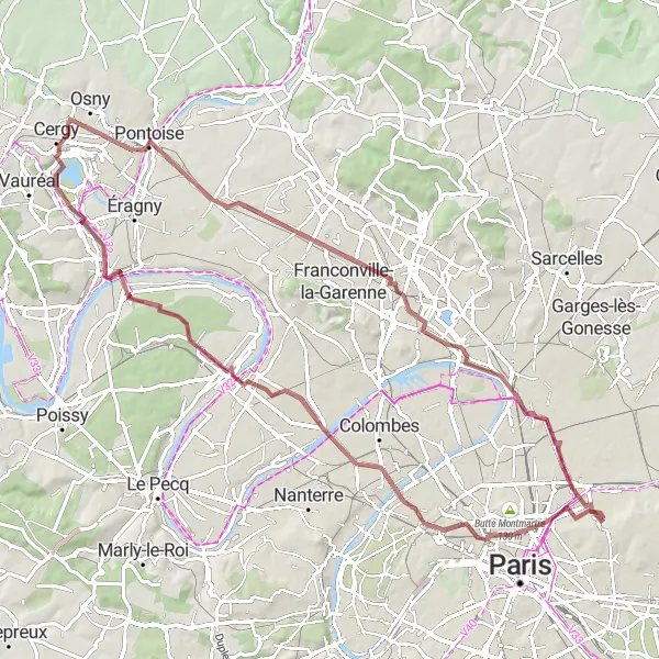 Map miniature of "The Conflans-Sainte-Honorine Gravel Trail" cycling inspiration in Ile-de-France, France. Generated by Tarmacs.app cycling route planner