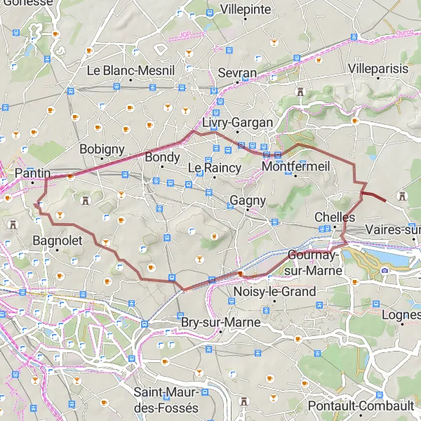 Map miniature of "Hidden Gems Gravel Tour" cycling inspiration in Ile-de-France, France. Generated by Tarmacs.app cycling route planner