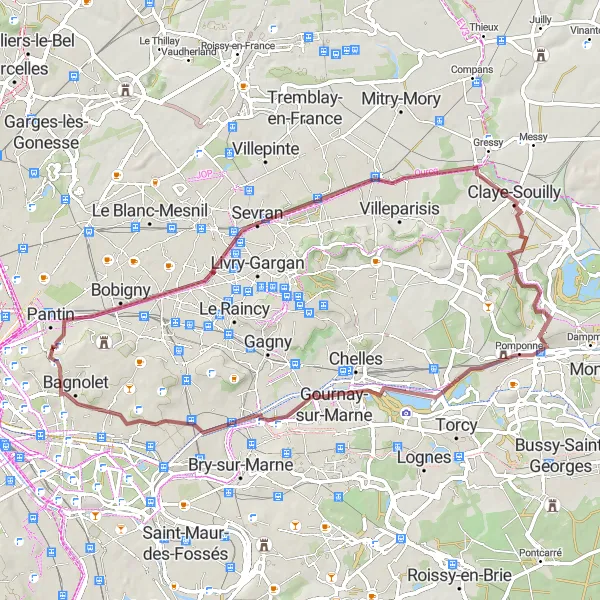Map miniature of "Bobigny and Beyond Gravel Adventure" cycling inspiration in Ile-de-France, France. Generated by Tarmacs.app cycling route planner