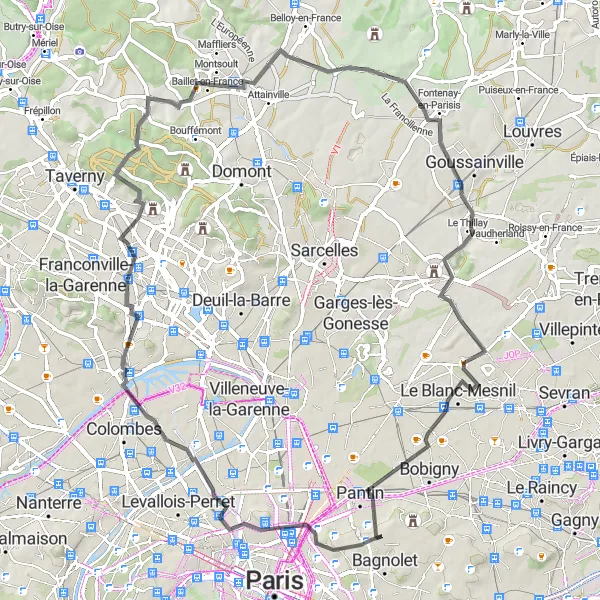 Map miniature of "Road Cycling Expedition" cycling inspiration in Ile-de-France, France. Generated by Tarmacs.app cycling route planner