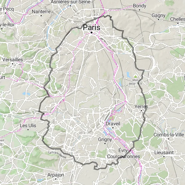 Miniature de la carte de l'inspiration cycliste "Le Tour du Grand Paris" dans la Ile-de-France, France. Générée par le planificateur d'itinéraire cycliste Tarmacs.app