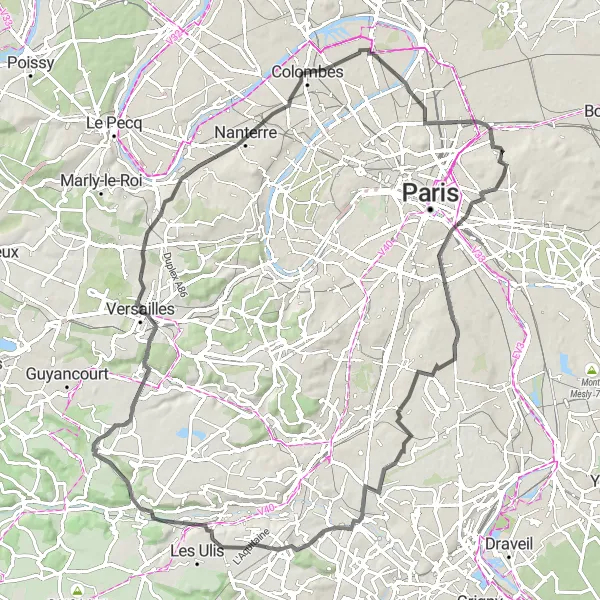 Miniature de la carte de l'inspiration cycliste "Boucle Bastille - Butte de Coupeaux - Longjumeau - Bures-sur-Yvette - Versailles - Dourm's terter - Saint-Ouen-sur-Seine" dans la Ile-de-France, France. Générée par le planificateur d'itinéraire cycliste Tarmacs.app