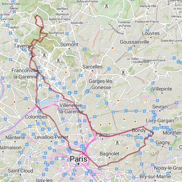 Miniature de la carte de l'inspiration cycliste "Exploration gravel intense" dans la Ile-de-France, France. Générée par le planificateur d'itinéraire cycliste Tarmacs.app