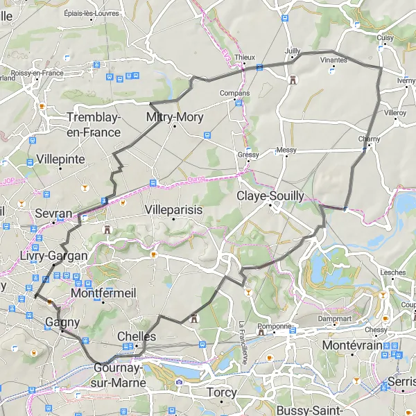 Miniature de la carte de l'inspiration cycliste "Parcours de Mitry-Mory à Gagny" dans la Ile-de-France, France. Générée par le planificateur d'itinéraire cycliste Tarmacs.app