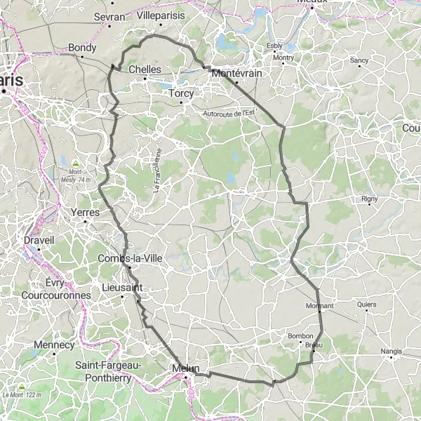 Map miniature of "Grand Tour of Seine-et-Marne" cycling inspiration in Ile-de-France, France. Generated by Tarmacs.app cycling route planner