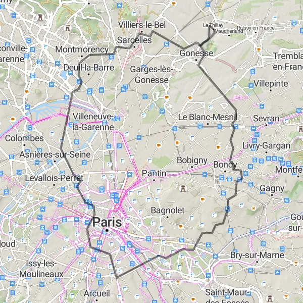 Map miniature of "Le Thillay Road Expedition" cycling inspiration in Ile-de-France, France. Generated by Tarmacs.app cycling route planner