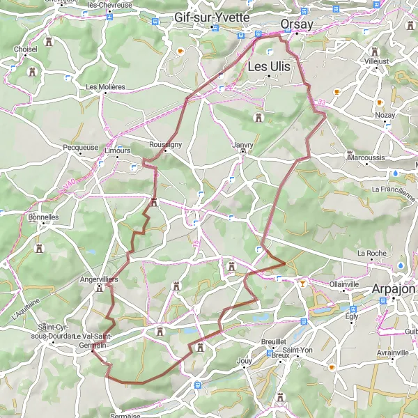 Map miniature of "Val-Saint-Germain to Courson-Monteloup Gravel Route" cycling inspiration in Ile-de-France, France. Generated by Tarmacs.app cycling route planner