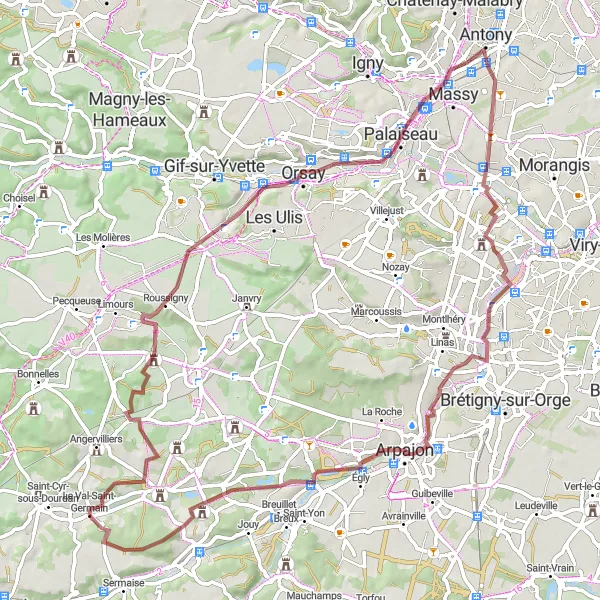 Map miniature of "Val-Saint-Germain to Arpajon Gravel Route" cycling inspiration in Ile-de-France, France. Generated by Tarmacs.app cycling route planner